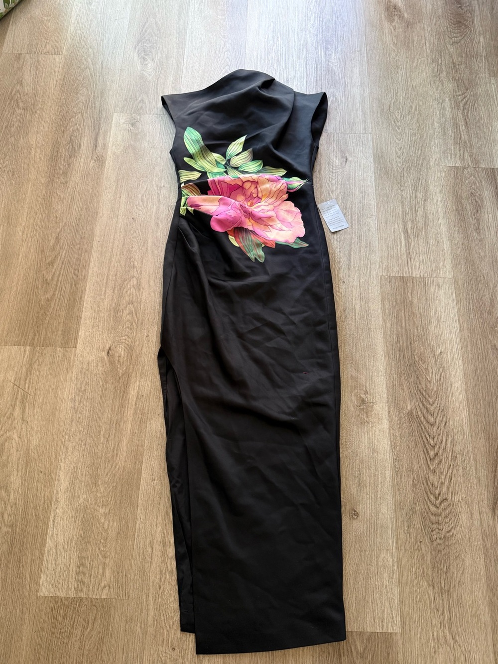 elliatt azelie black & pink floral asymmetrical satin draped gown dress XS NEW - Picture 7 of 13